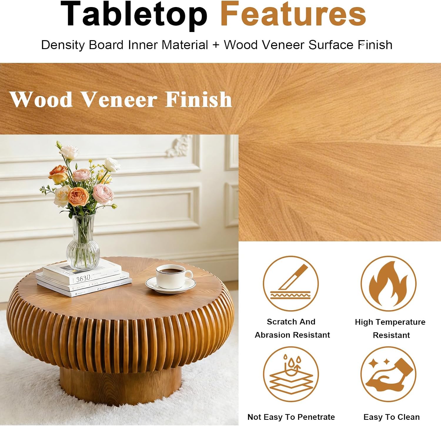 Round Coffee Table for Living Room Modern Brown Fluted Coffee Table Round Drum Coffee Tables Low Circle Pedestal Center Table for Small Spaces (A Brown, 31.4 in)