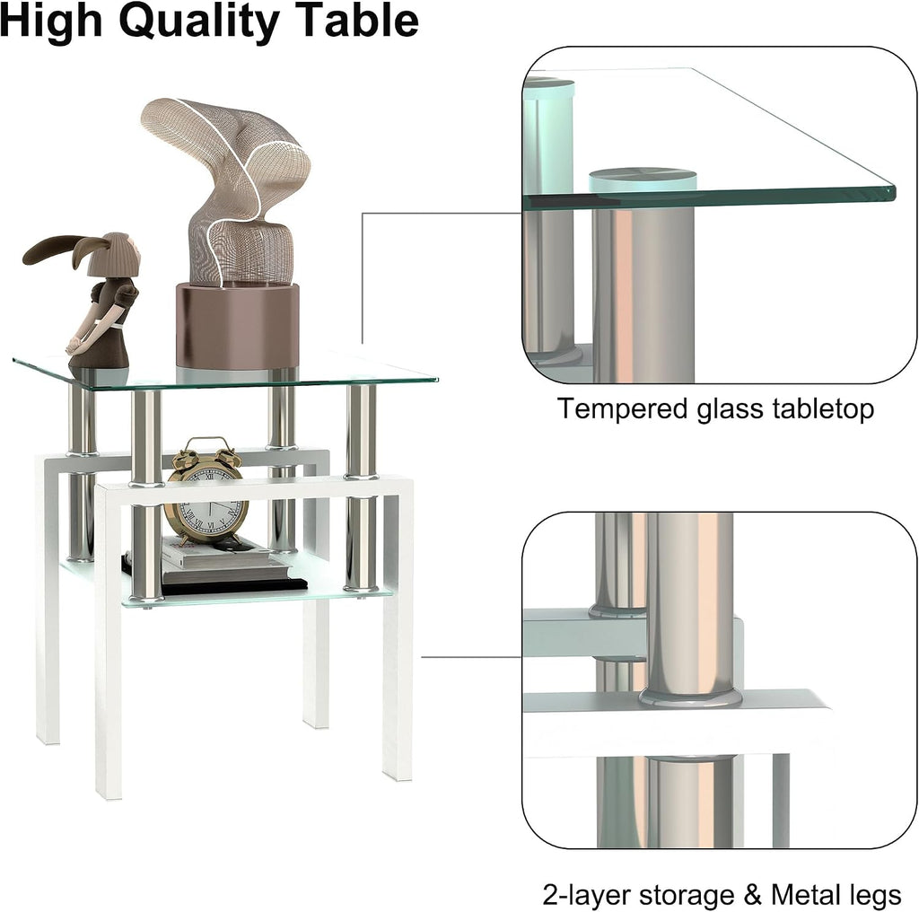 Glass Coffee Table Sets of 3 for Living Room, Mordern End Table Sofa Side Tables with Storage, Black Metal Leg, Rectangle Tempered Center Table Home Furniture Set (White)