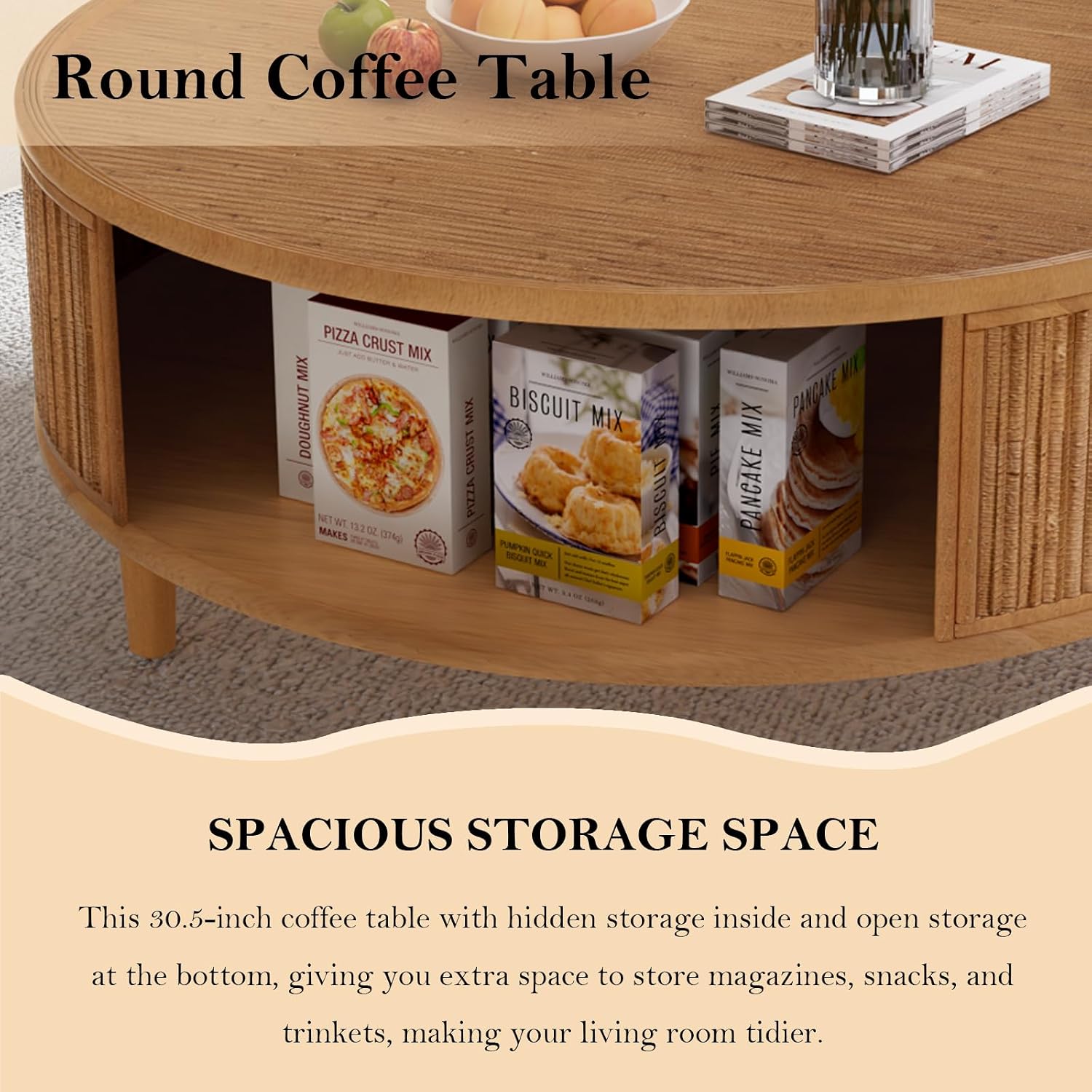 30.5' Round Coffee Table with Storage, Rustic Circle Center Table with Bamboo Woven Tabletop and 3 Anti-Skid Solid Wood Legs for Small Space Easy Assemble (B 30.5in)