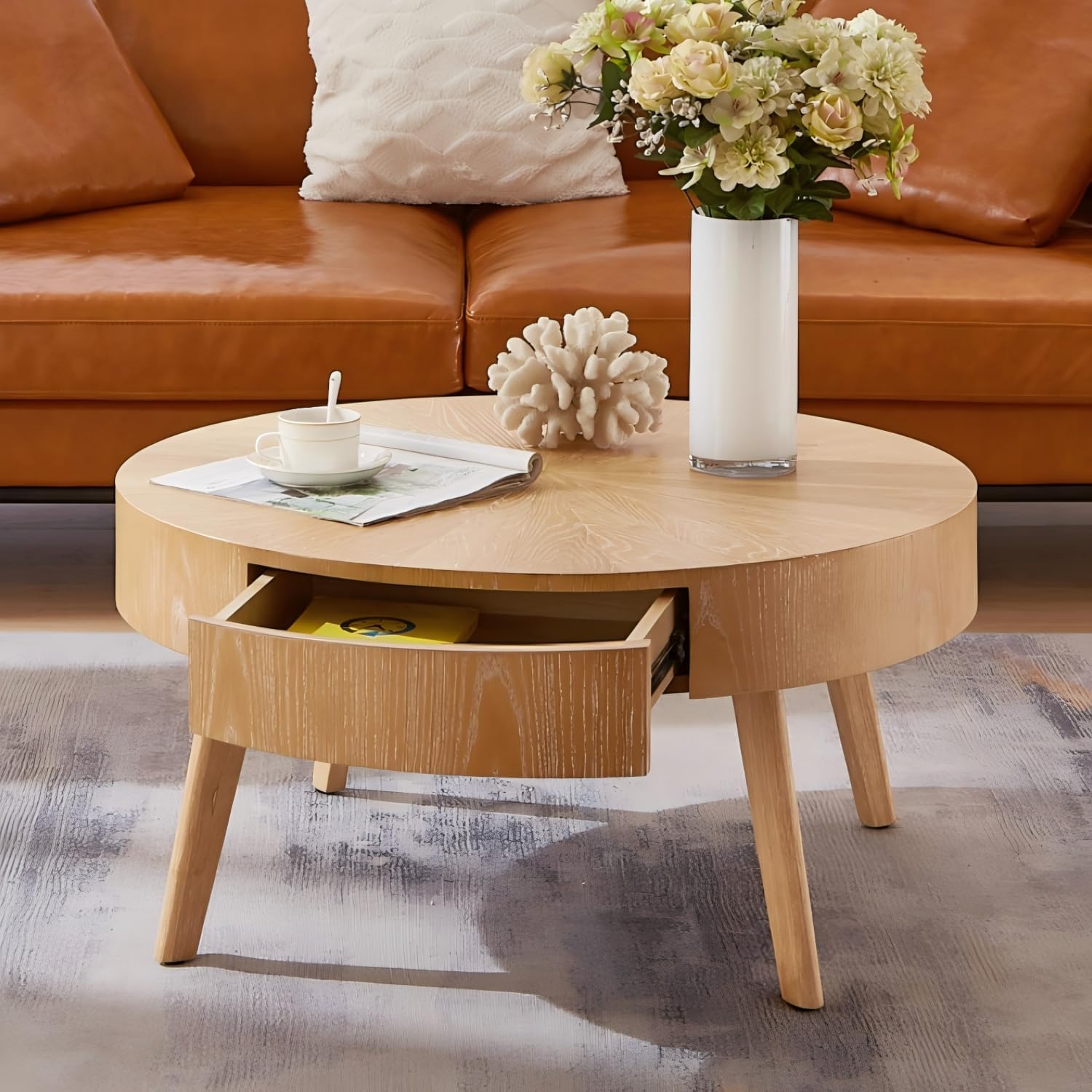 Round Wood Coffee Table for Living Room, Modern Wood Table with Storage, Wooden Circle Coffee Table, 29.14' L x 29.14' W x 15.87' H