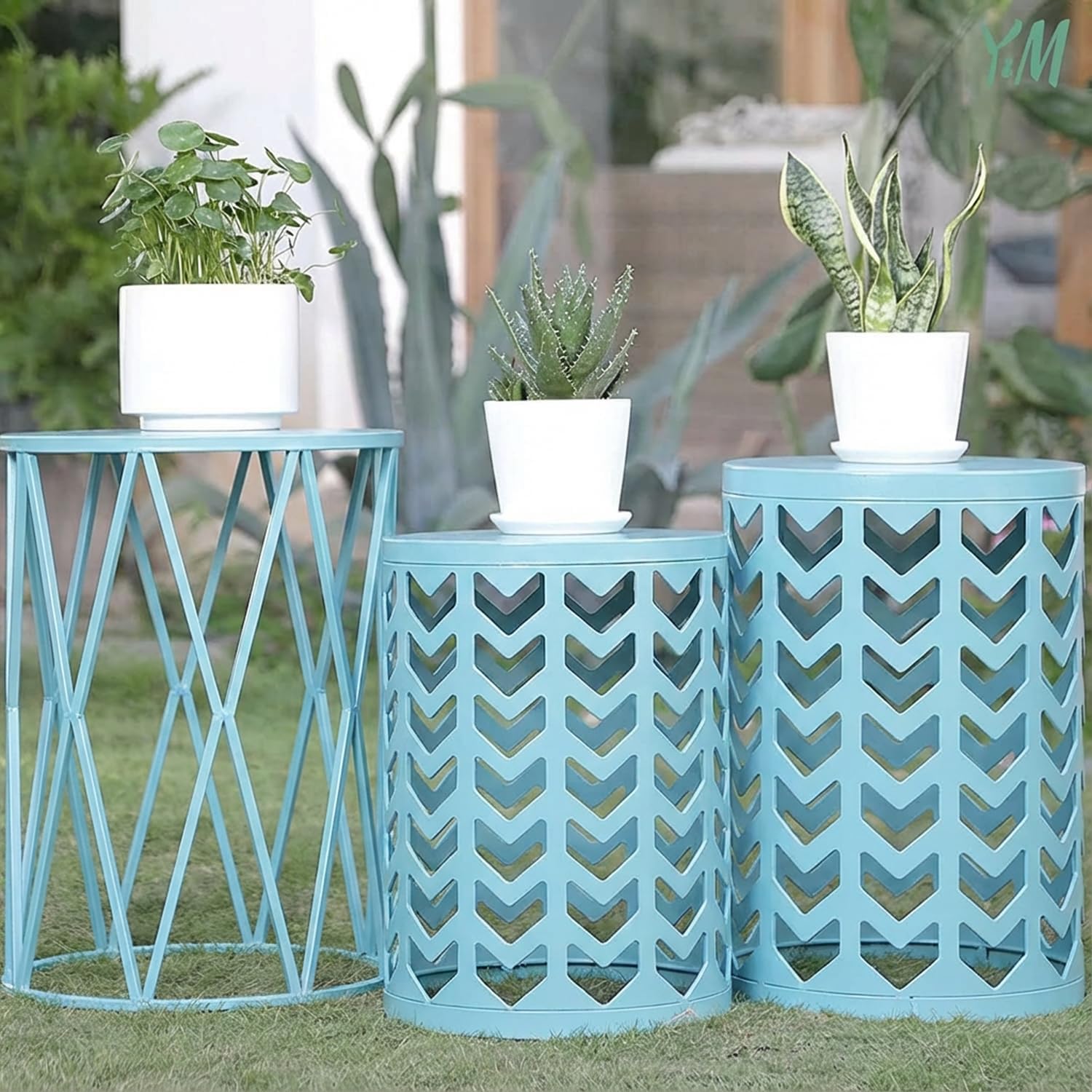 Nesting Side Table Set of 3 Decorative Round Garden Stools for Indoor Outdoor Heavy Duty Metal Frame Side Table Nightstands Modern End Table Plant Stand, Light Blue