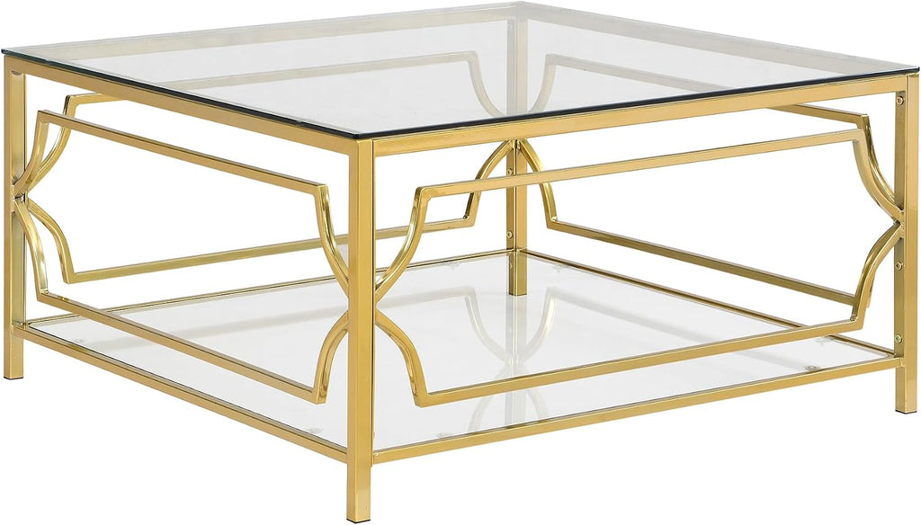 33.5'' Tempered Glass Square Coffee Table for Living Room, 2-Tier Modern Coffee Table, Mirror Tabletop & Metal Base, Easy Assembly, Transparent & Gold