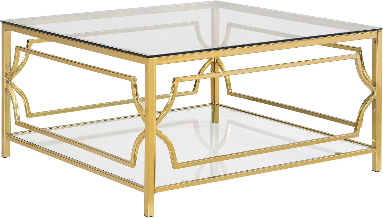 33.5'' Tempered Glass Square Coffee Table for Living Room, 2-Tier Modern Coffee Table, Mirror Tabletop & Metal Base, Easy Assembly, Transparent & Gold