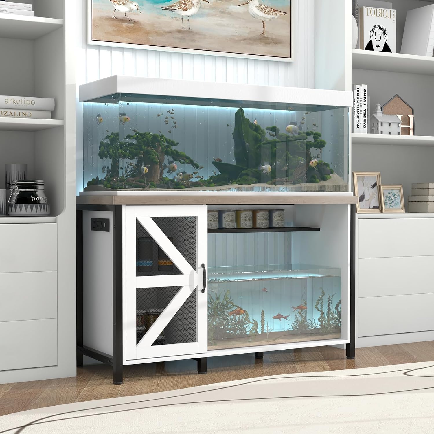 OC Orange-Casual 55-75 Gallon Aquarium Stand with LED Lighting & Power Outlets - Heavy Duty Metal Fish Tank Cabinet with Adjustable Shelves, 1000LB Capacity (White)