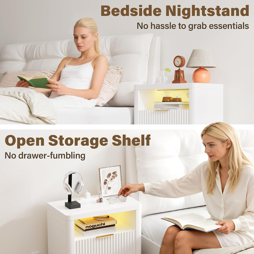 YESHOMY Fluted Nightstand with Charging Station,24' Night Stand with 2 Drawers and Storage Shelf,RGB LED Lighting,Arc Edge Fluted Bedside Table for Bedroom,White