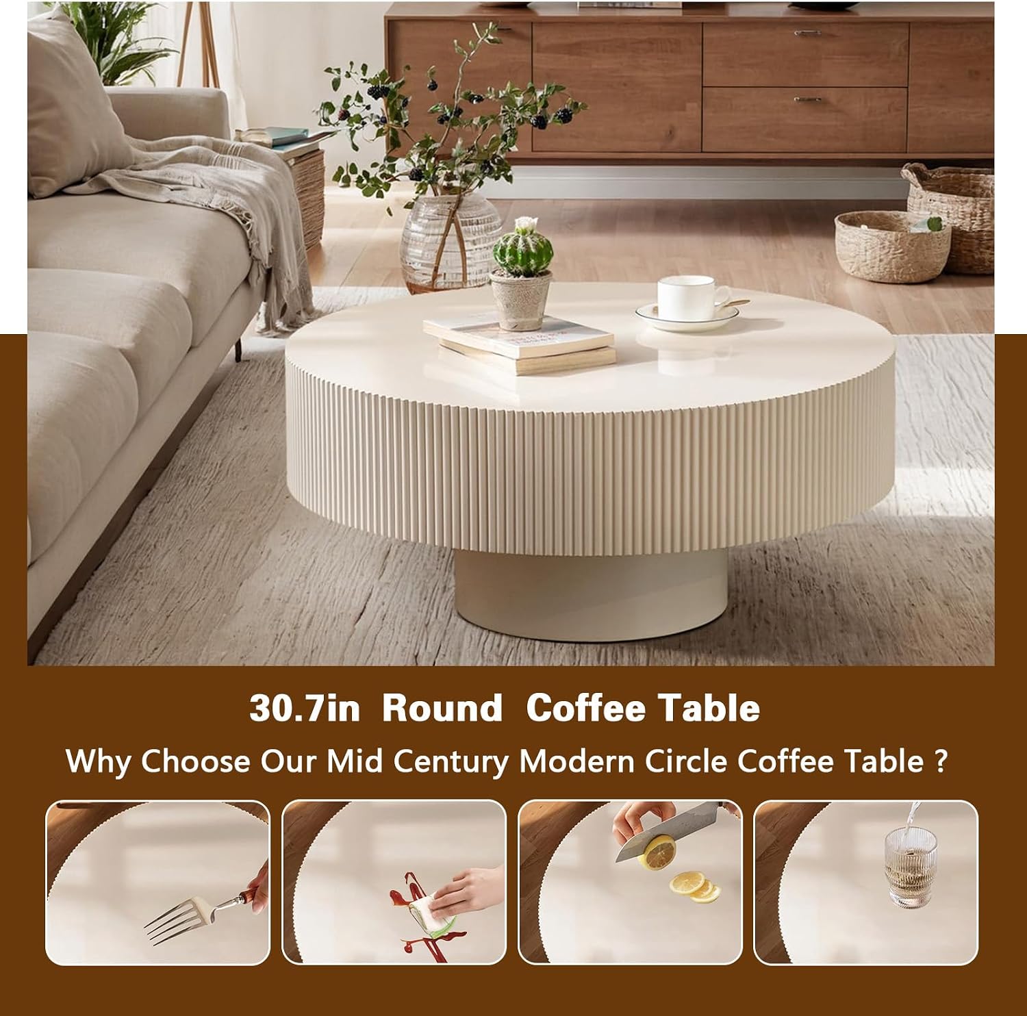 Round Drum Coffee Table White Fluted Coffee Table Circle Center Table Pedestal End Table for Apartment (Cream White)