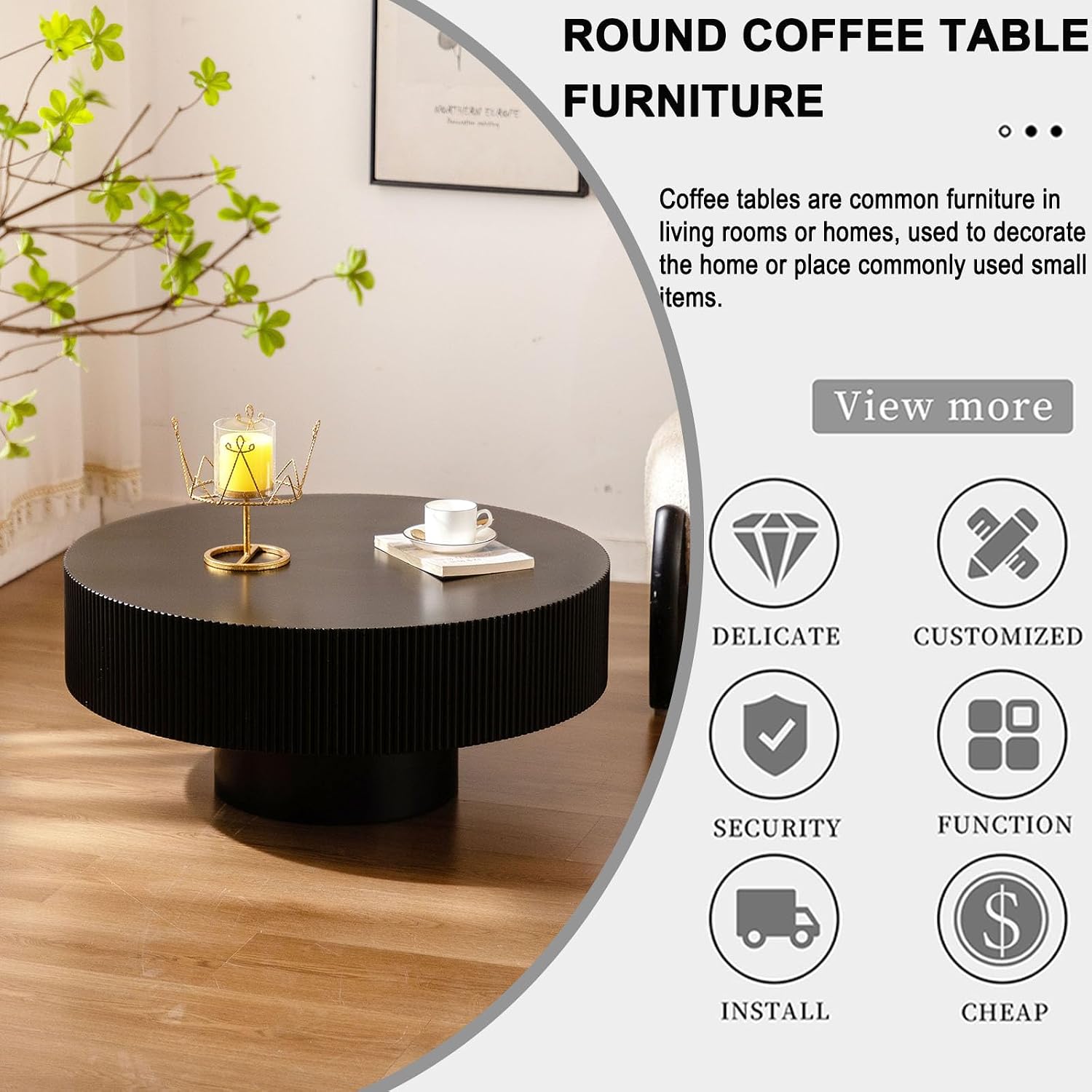 Round Coffee Table, Handcrafted Fluted Drum Coffee Tables Modern Wood Coffee Table Circle Drum Center Table for Living Room, Apartment (Black Thick)