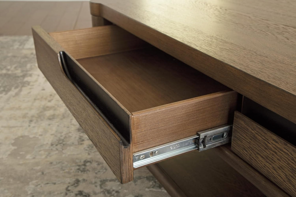 Signature Design by Ashley Roanhowe Contemporary 2-Drawer Coffee Table with Open Lower Shelf and Tapered Legs, Dark Brown