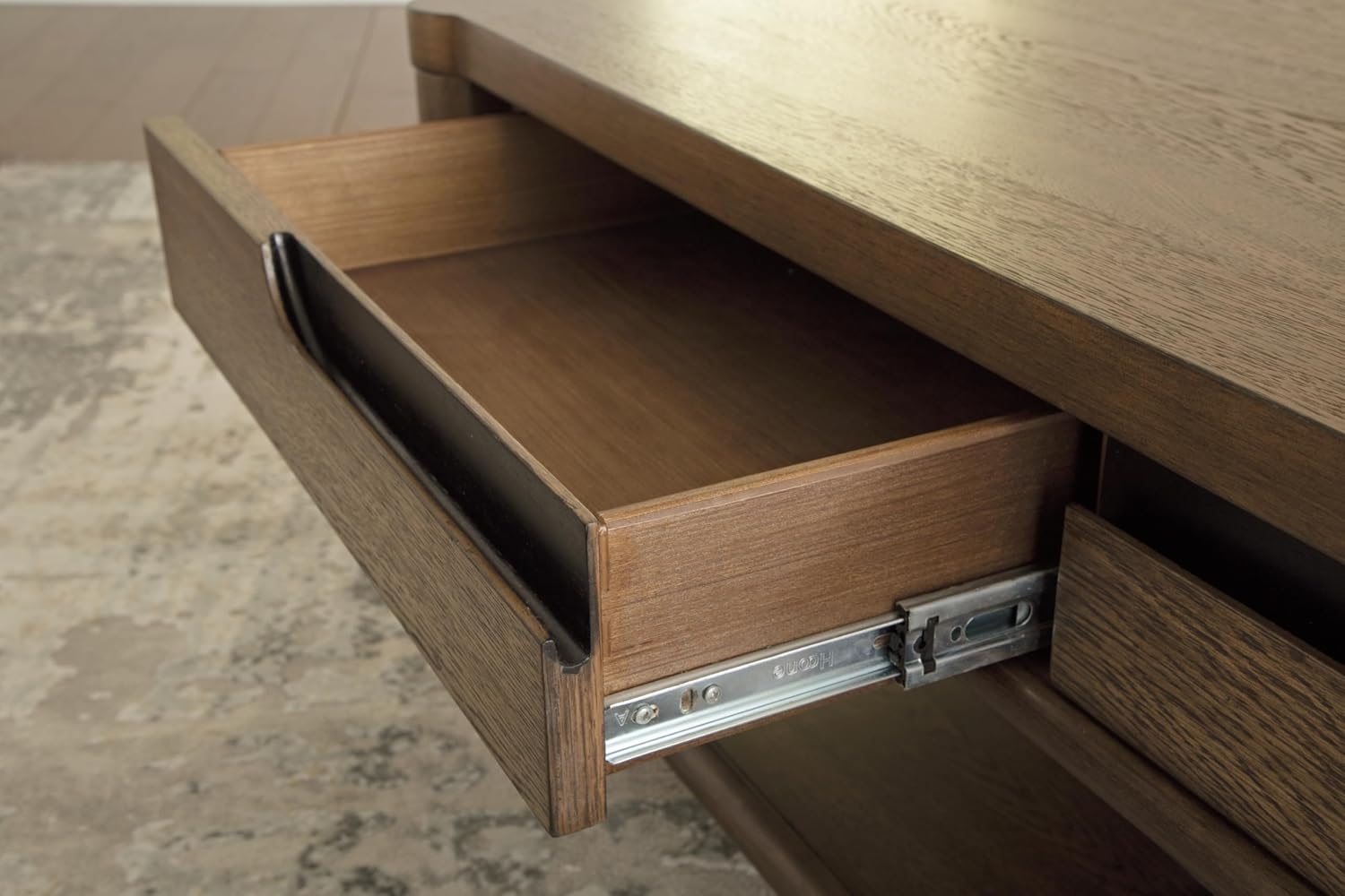 Signature Design by Ashley Roanhowe Contemporary 2-Drawer Coffee Table with Open Lower Shelf and Tapered Legs, Dark Brown
