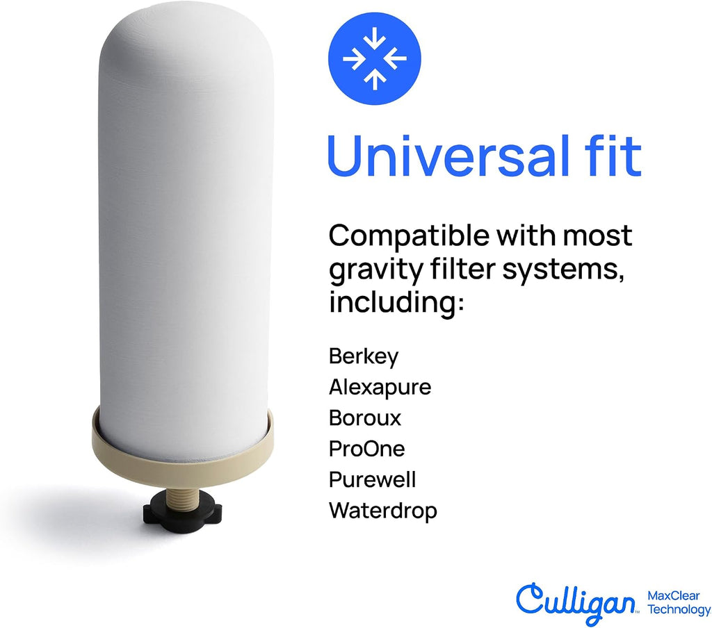 Culligan MaxClear 7' Gravity Water Filter Replacement Compatible with ProOne & Berkey Water Filter Systems, Ceramic & Carbon Filter NSF/ANSI Certified, Reduce Total PFAS, Microplastics & Lead, 2-Pack