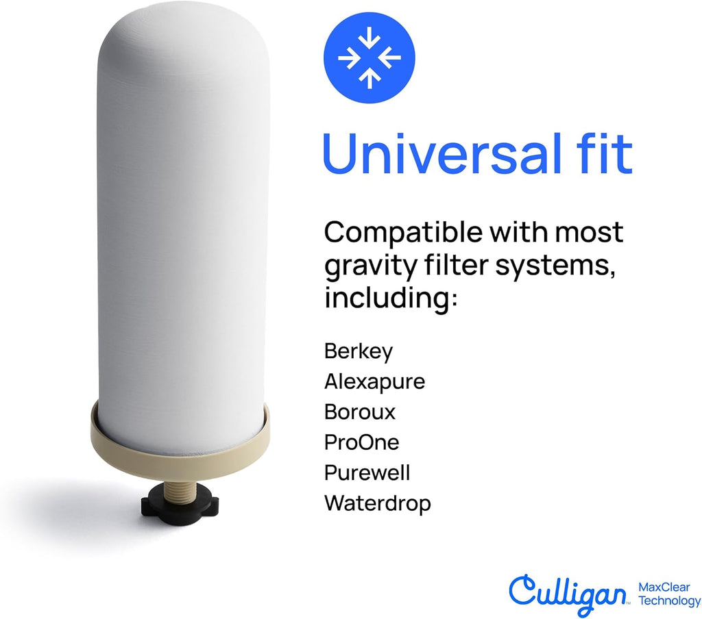 Culligan MaxClear 7' Gravity Water Filter Replacement Compatible with ProOne & Berkey Water Filter Systems, Ceramic & Carbon Filter NSF/ANSI Certified, Reduce Total PFAS, Microplastics & Lead, 3-Pack