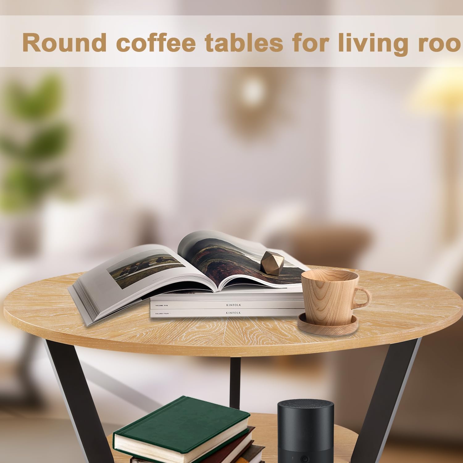 Round Coffee Table, Wood Circle Coffee Table with 2-Tier Storage, Center Table for Living Room Bedroom Office Apartment, Easy Assembly, 35'x 18'Inches, Light Brown