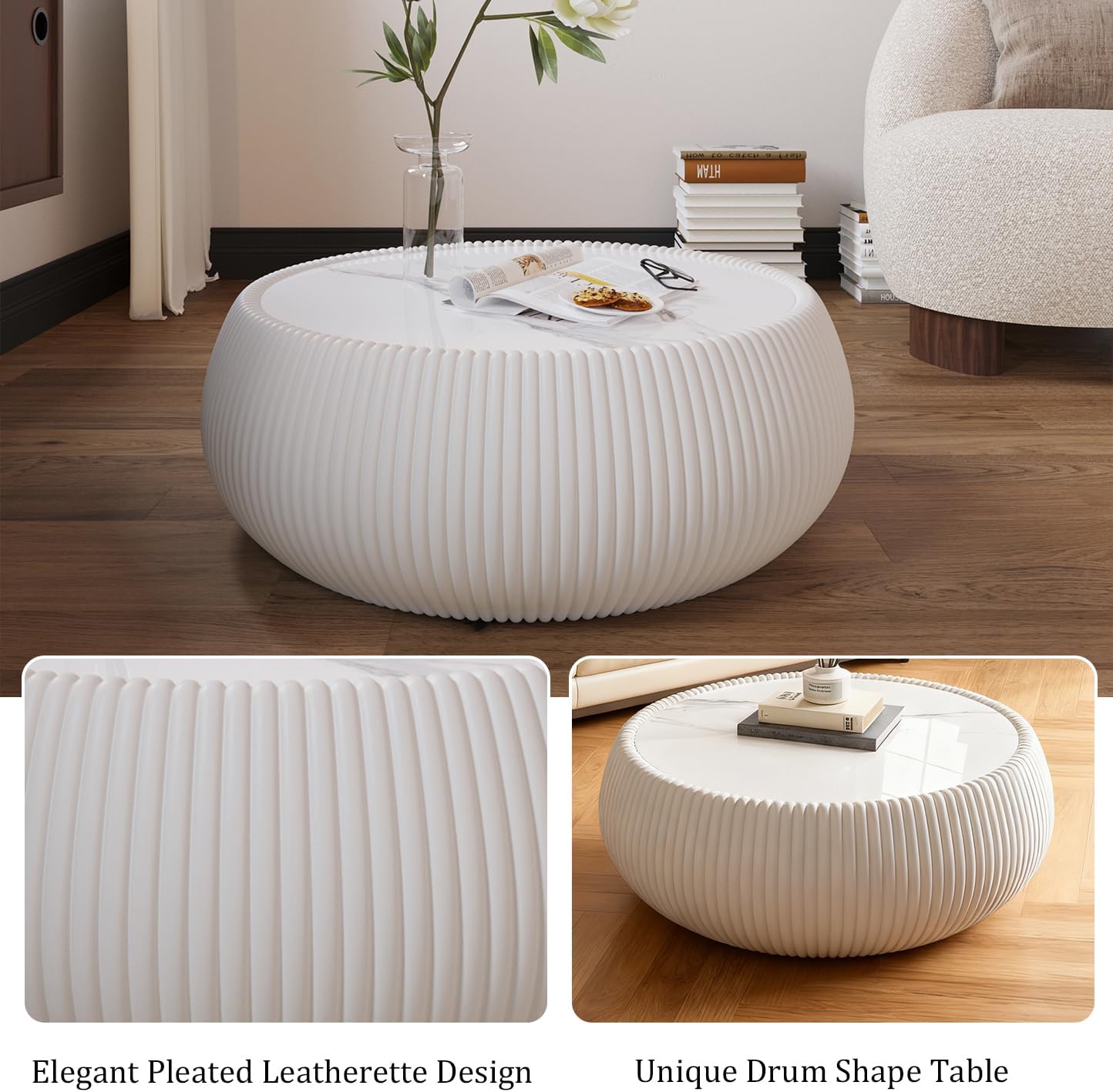 Modern Round Coffee Table Luxury Sintered Stone Top Coffee Table in Cream White Leatherette Creative Drum-Shape Cocktail Center Table for Living Room Bedroom,Fully Assembled