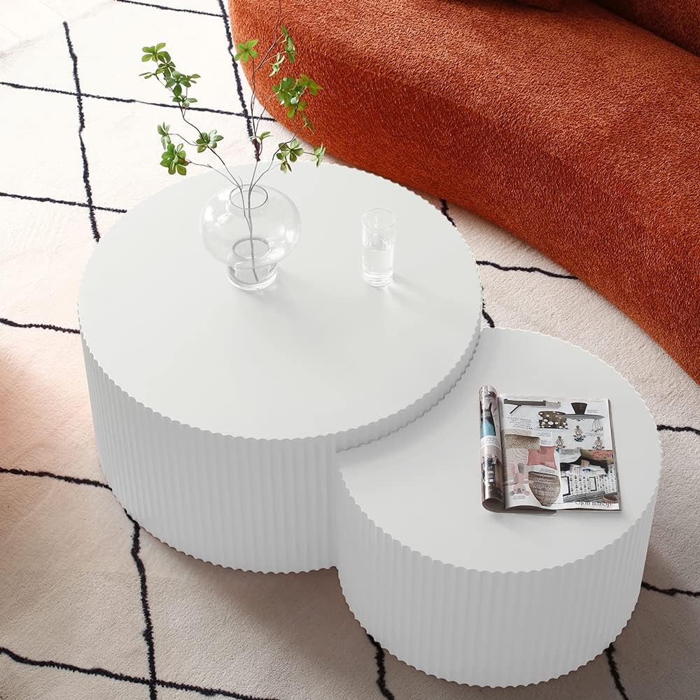 Nesting Coffee Table Set of 2, Modern Round Coffee Table End Table Set for Living Room, Wood Circle Drum Side Table,White