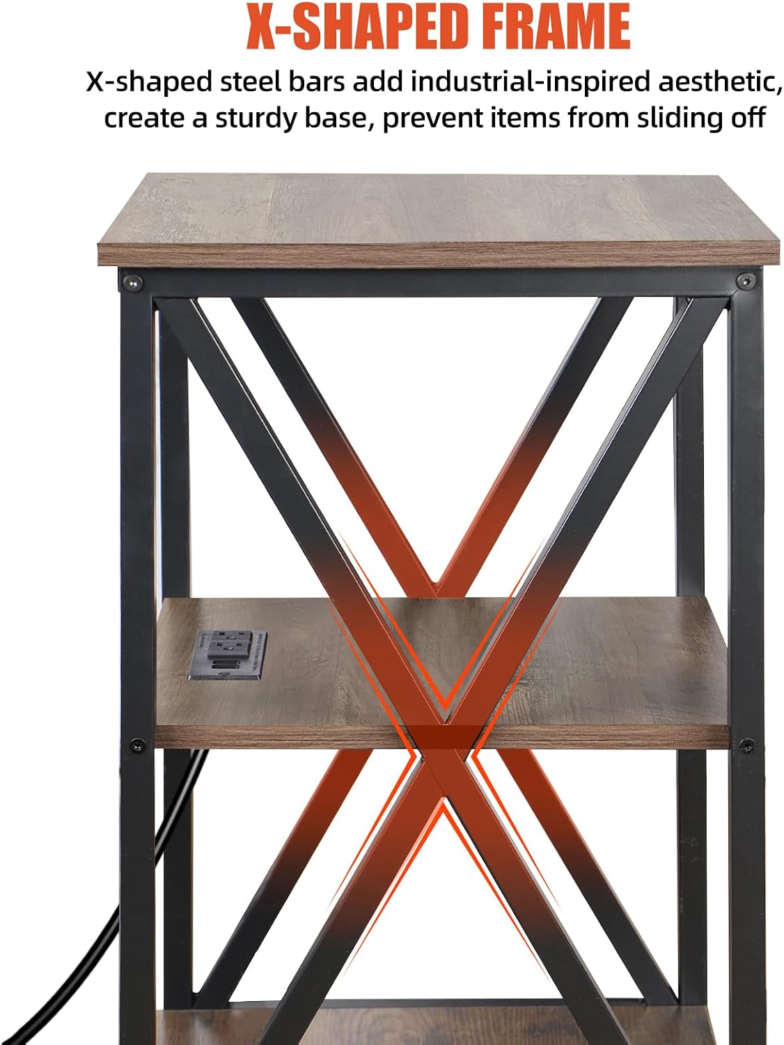 End Tables Living Room Set of 2, Square End Table with Charging Station, 16' D X 16' W X 28' H, Wood and Metal Table with USB Ports and Outlets, Side Table with Wheels for Living Room, Bedroom, Grey