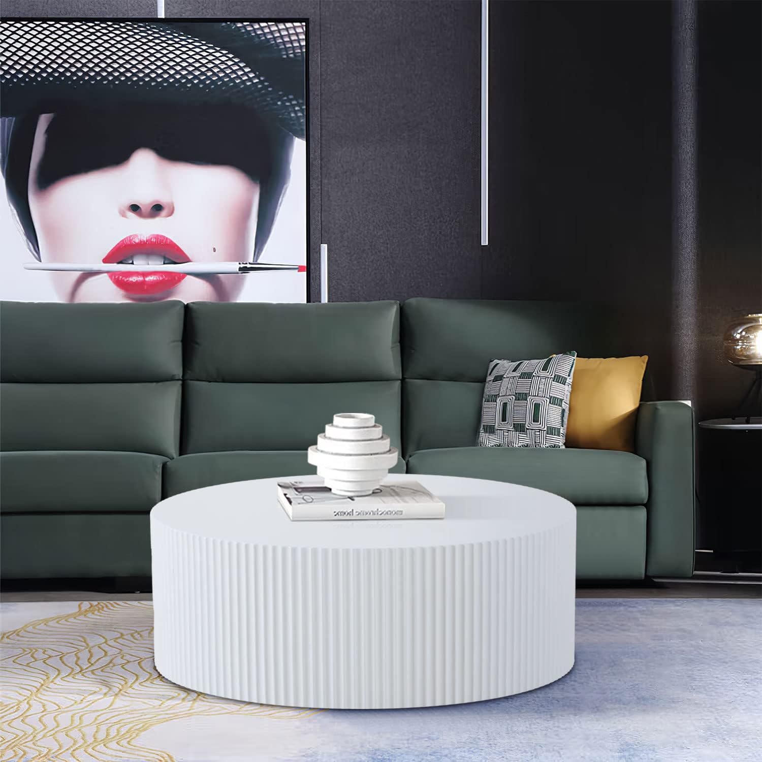 White Round Coffee Table, Modern Nesting Coffee Table End Table Set for Living Room, Wood Circle Drum Side Table, Matte White
