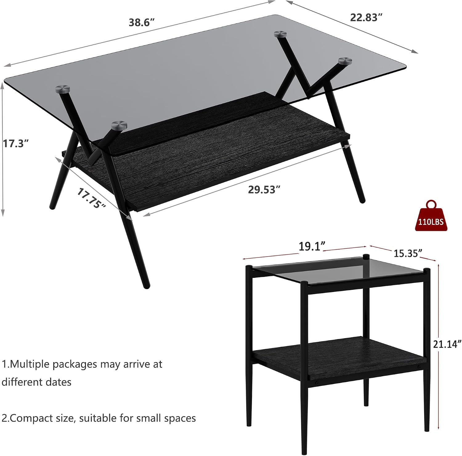 Grey Glass Coffee Table Sets of 3 Modern Living Room Table Set End Tables with Black Metal Legs and Wood Bottom Shelf, Center Cocktail Furniture (Grey Black)