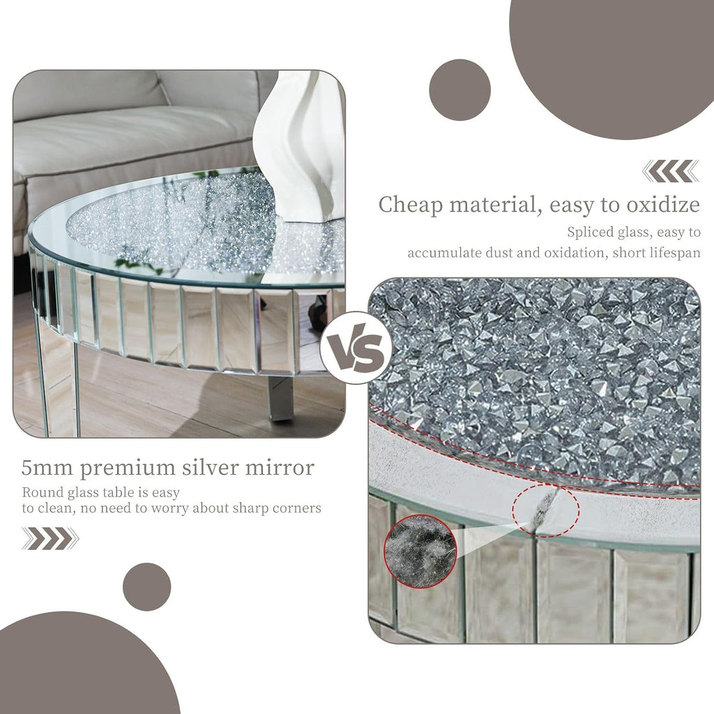 Silver Mirrored Coffee Table: 31.5 inch Round Crystal Glass Mirror Tabletop Crushed Diamond