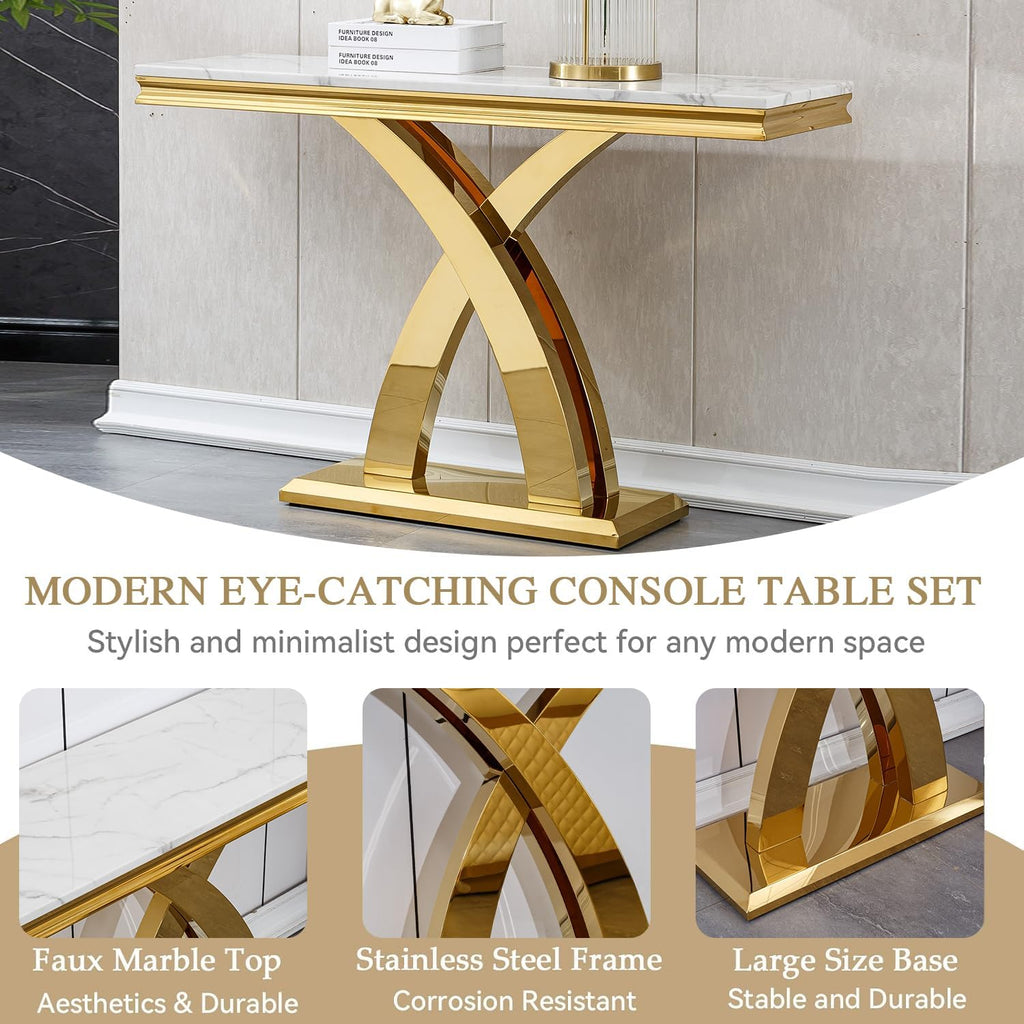 Modern White Gold Console Table, 47' Faux Marble Entryway Table Narrow Long Sofa Table, Luxury Accent Table Rectangle Behind Sofa Entrance Table Foyer Hallway Table for Living Room