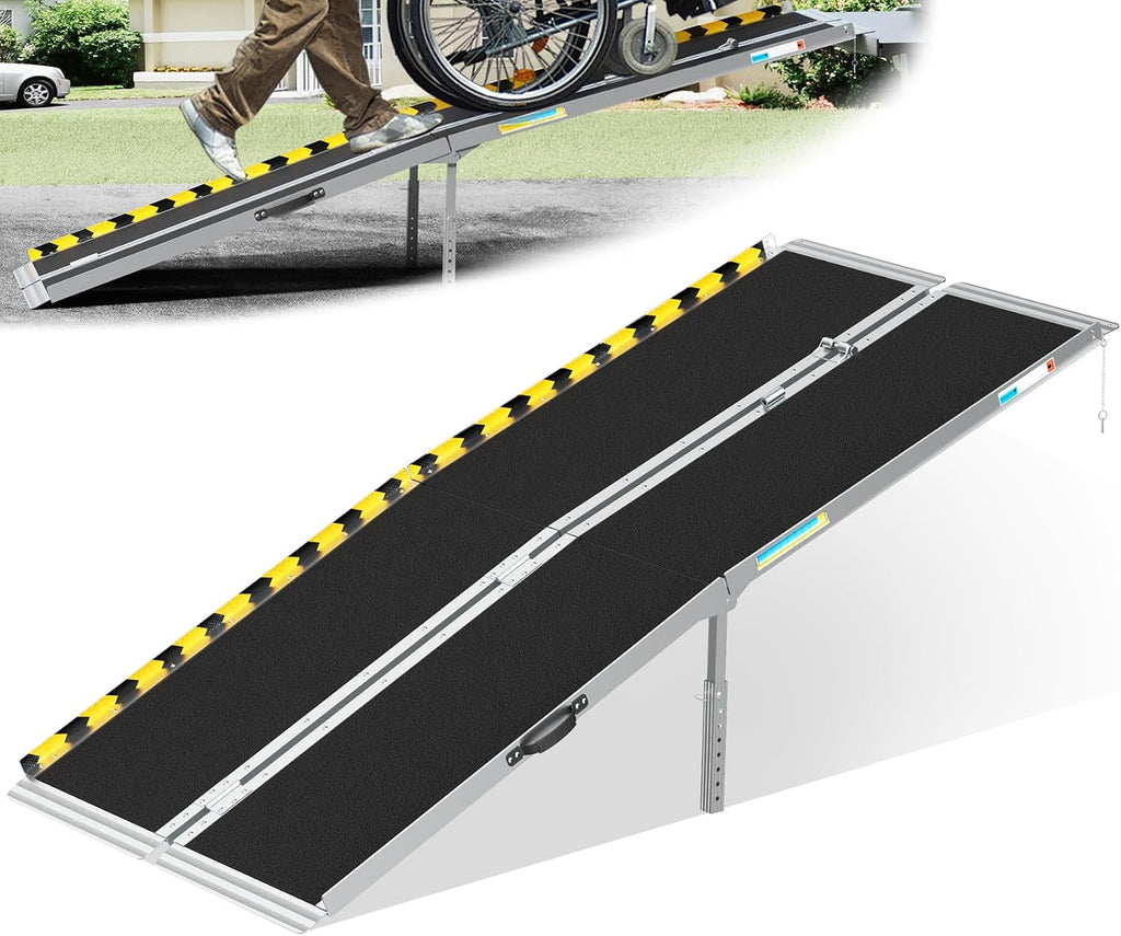 7FT Aluminum Wheelchair Ramp for 7' - 21' Steps – Folding, Non-Slip, 800lbs Capacity with Support Legs & Lock Portable Ramp for Home, Garage, Car, Pet, Stroller, Electric Scooter.