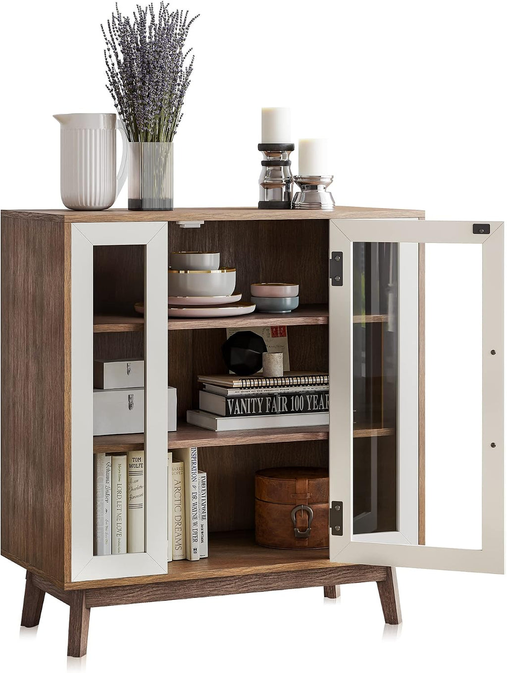 BELLEZE Set of 2 Sideboard 31 Inch Buffet Cabinet with 3-Tiers Shelves and Glass Display Door, Console Table Storage/Pantry Cabinet Coffee Bar for Living Room, Entryway - White