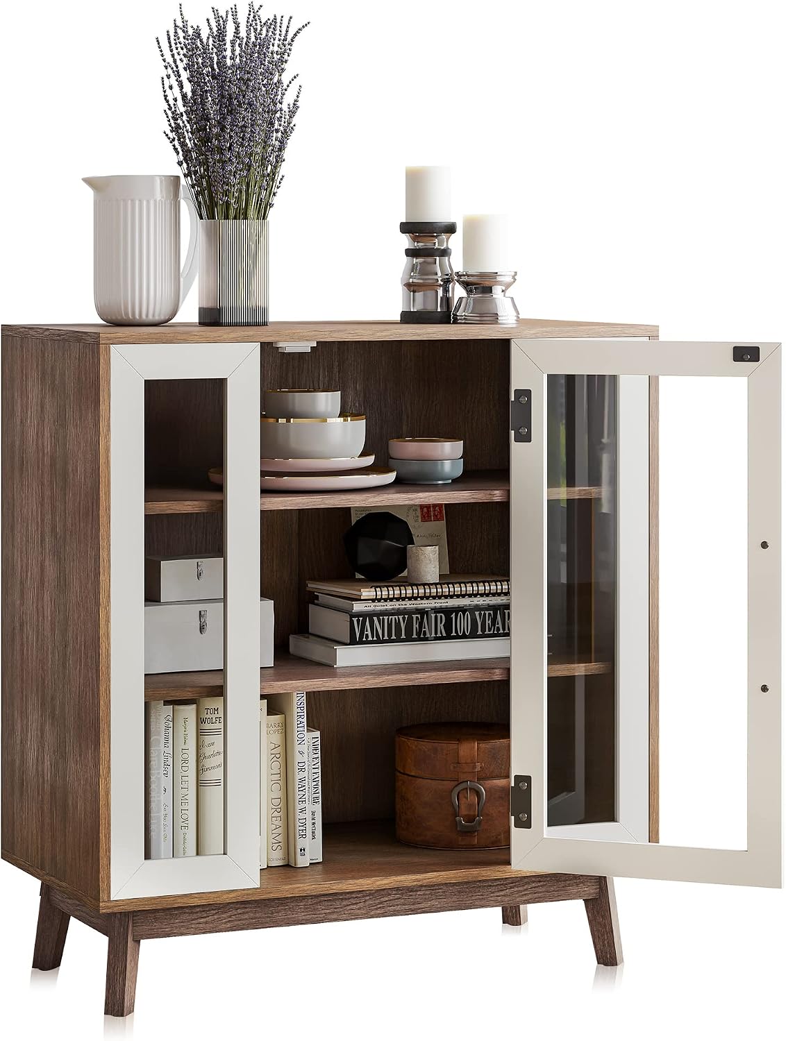 BELLEZE Set of 2 Sideboard 31 Inch Buffet Cabinet with 3-Tiers Shelves and Glass Display Door, Console Table Storage/Pantry Cabinet Coffee Bar for Living Room, Entryway - White