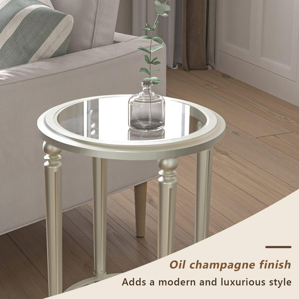 COSIEST Set of 2 Modern Round End Table, 2-Tier Glass Side Table with Glass Tabletop, Wood Accent Table with Storage Shelf for Living Room, Bedroom