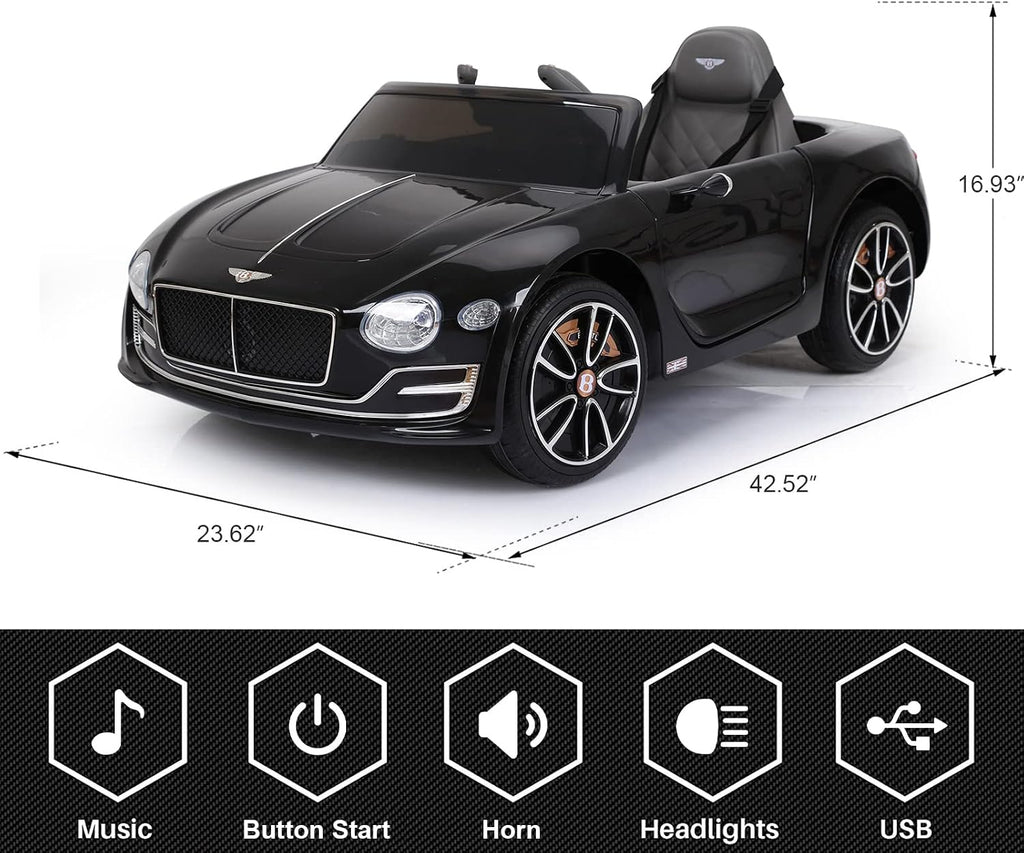 SEHOMY 12V Bentley Electric car for Kids with Remote, EXP12 Kid Cars to Drive Battery Powered Ride On Vehicle with 4 Wheels, Foot Pedal, 2 Speeds, Music, Aux, LED Headlight, Music Player Black