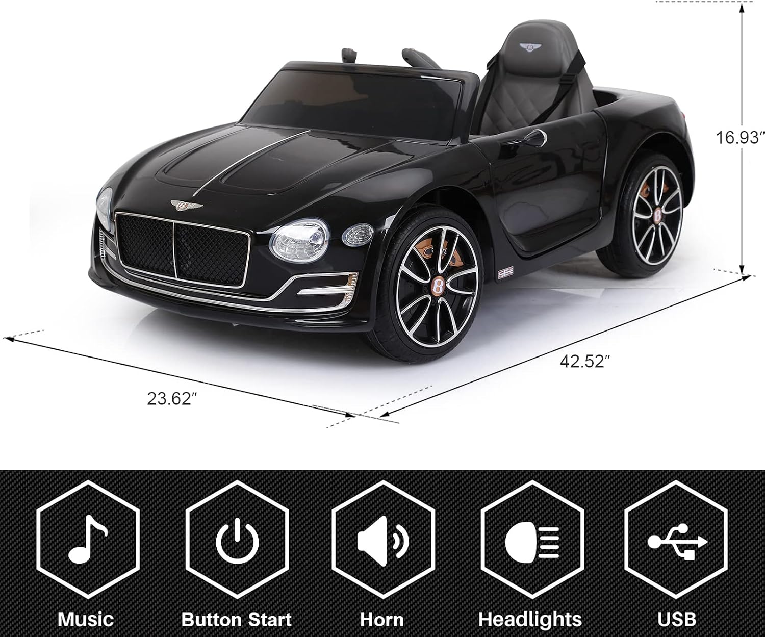 SEHOMY 12V Bentley Electric car for Kids with Remote, EXP12 Kid Cars to Drive Battery Powered Ride On Vehicle with 4 Wheels, Foot Pedal, 2 Speeds, Music, Aux, LED Headlight, Music Player Black