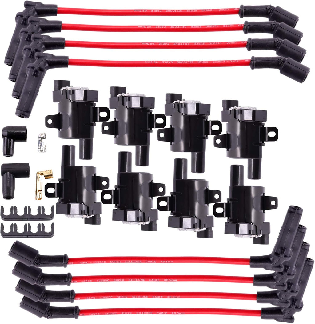 MAS Set of 8 Round Ignition Coils Pack UF262 & 748UU 8.5mm Spark Plug Wire Set Compatible with Chevy Hummer H2 Cadillac GMC Yukon Silverado Sierra 1500 4.8L 5.3L 6.0L Replacement for C1512 D585