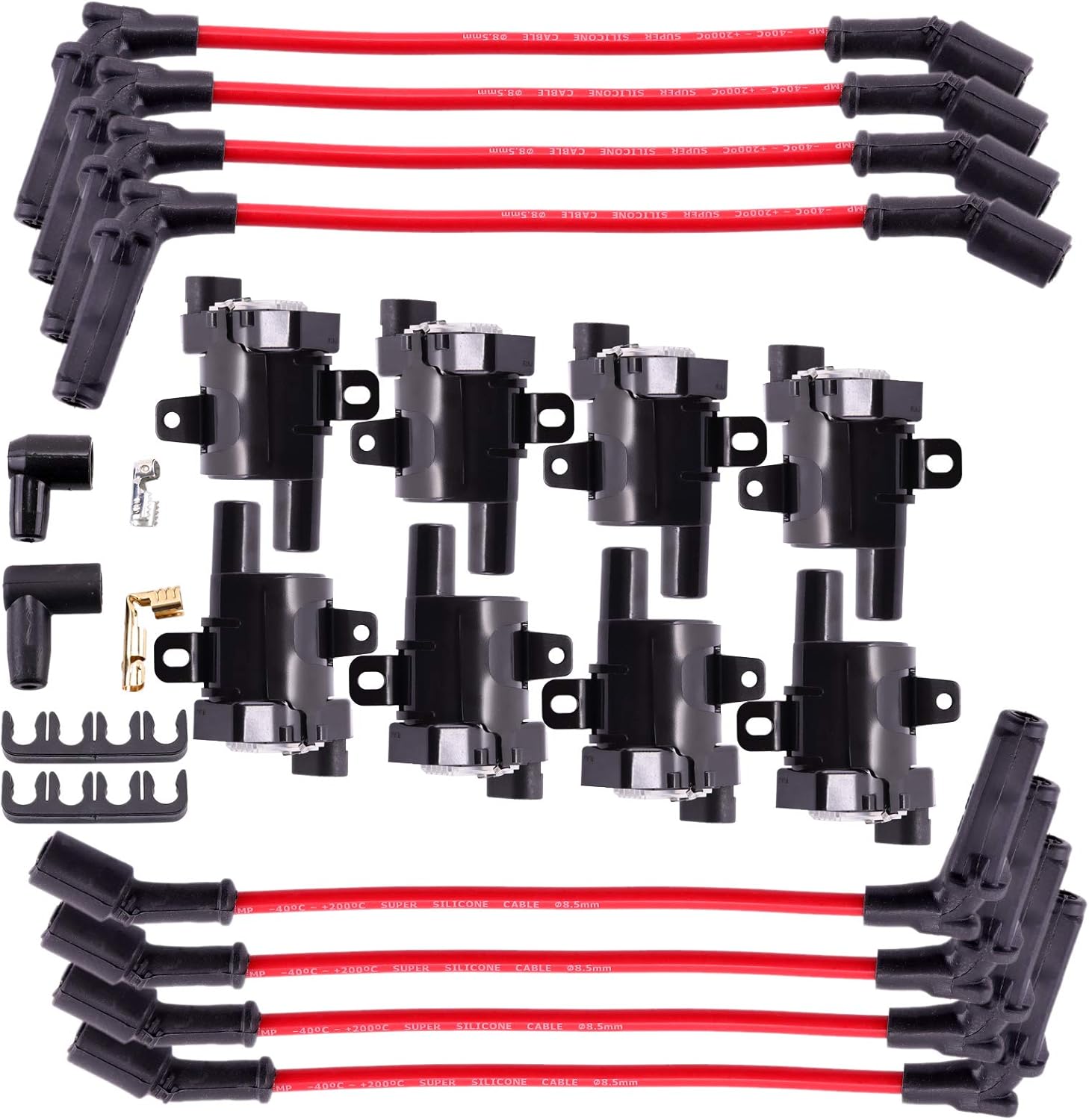 MAS Set of 8 Round Ignition Coils Pack UF262 & 748UU 8.5mm Spark Plug Wire Set Compatible with Chevy Hummer H2 Cadillac GMC Yukon Silverado Sierra 1500 4.8L 5.3L 6.0L Replacement for C1512 D585