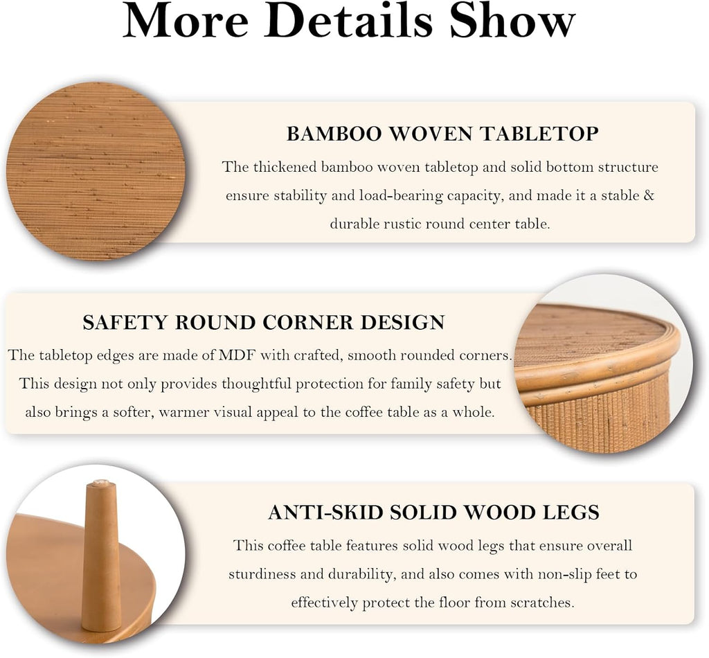 30.5' Round Coffee Table with Storage, Rustic Circle Center Table with Bamboo Woven Tabletop and 3 Anti-Skid Solid Wood Legs for Small Space Easy Assemble (B 30.5in)