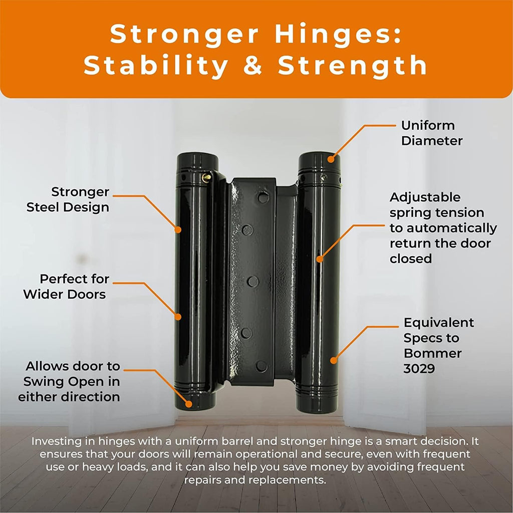 Swinging Cafe Doors - 6' Double Action Hinge – Heavy Duty Door Hinges for Saloon & Cafe Bar Swinging Doorways – Commercial Grade, Adjustable Tension for High Traffic Use, Gloss Black, 2 Units