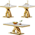 Modern White Gold Coffee Table Set of 3 Faux Marble Coffee Table and End Side Table Set, Luxury 3 Pieces Living Room Table Set with X-Shape Stainless Steel Base for Home Office