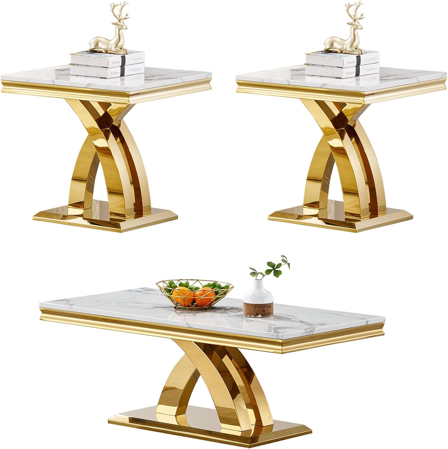 Modern White Gold Coffee Table Set of 3 Faux Marble Coffee Table and End Side Table Set, Luxury 3 Pieces Living Room Table Set with X-Shape Stainless Steel Base for Home Office