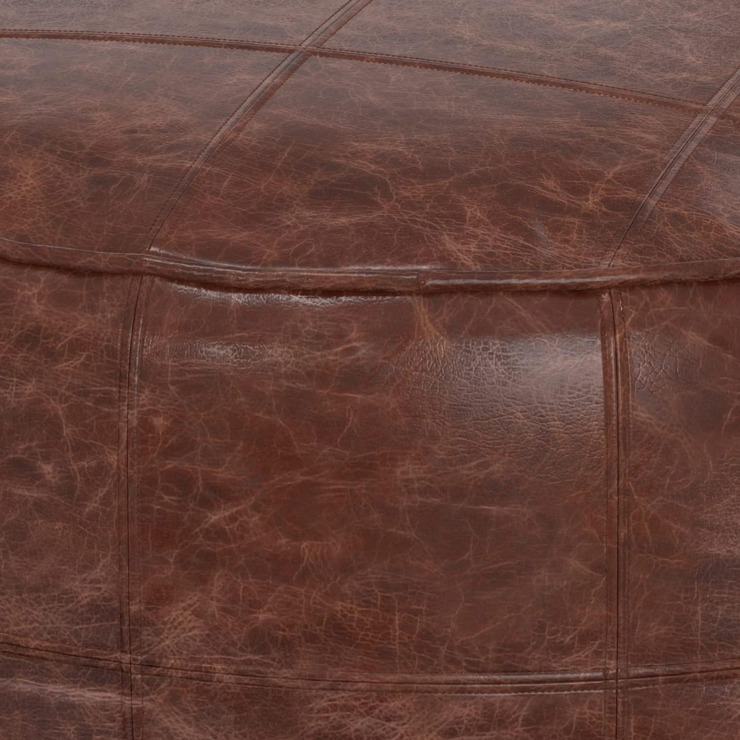 SIMPLIHOME Connor Coffee Table Pouf - 34 inch Wide Round Upholstered Genuine Leather Ottoman in Distressed Brown, Boho-Style Footrest, Extra Seating, or Coffee Table for Living Room, Assembled