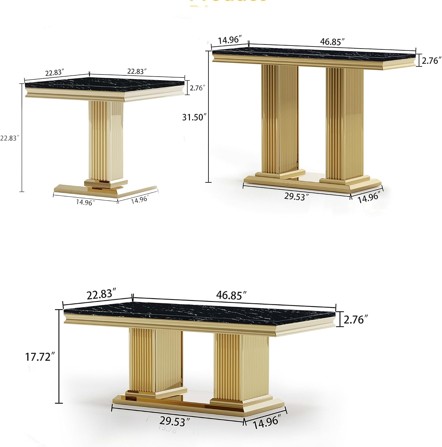 3 Pieces Living Room Table Set, Faux Marble Coffee Table Set of 3, Modern Coffee Table, Console Table and End Table with Column-Shaped Stainless Steel Base for Living Room Office Black Gold