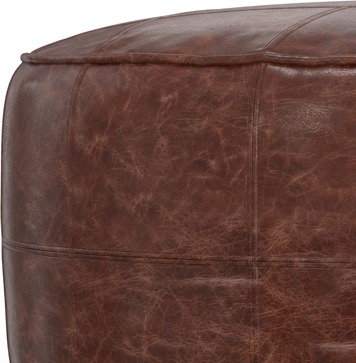 SIMPLIHOME Connor Coffee Table Pouf - 34 inch Wide Round Upholstered Genuine Leather Ottoman in Distressed Brown, Boho-Style Footrest, Extra Seating, or Coffee Table for Living Room, Assembled