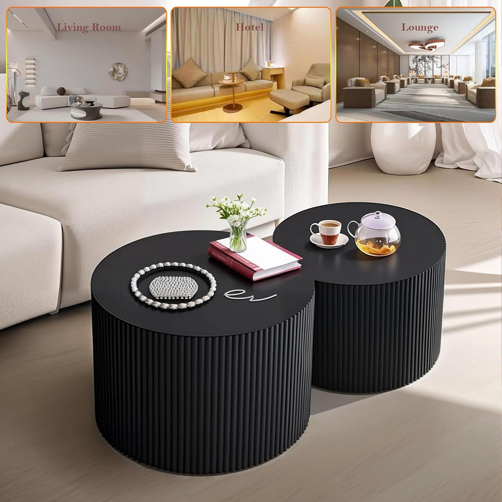 Black Round Fluted Coffee Table Set of 2 - Handcraft Embossed Design, Stylish Combination Center Drum Table for Living Room - No Assemble Needed (D-27.6IN+19.7IN)