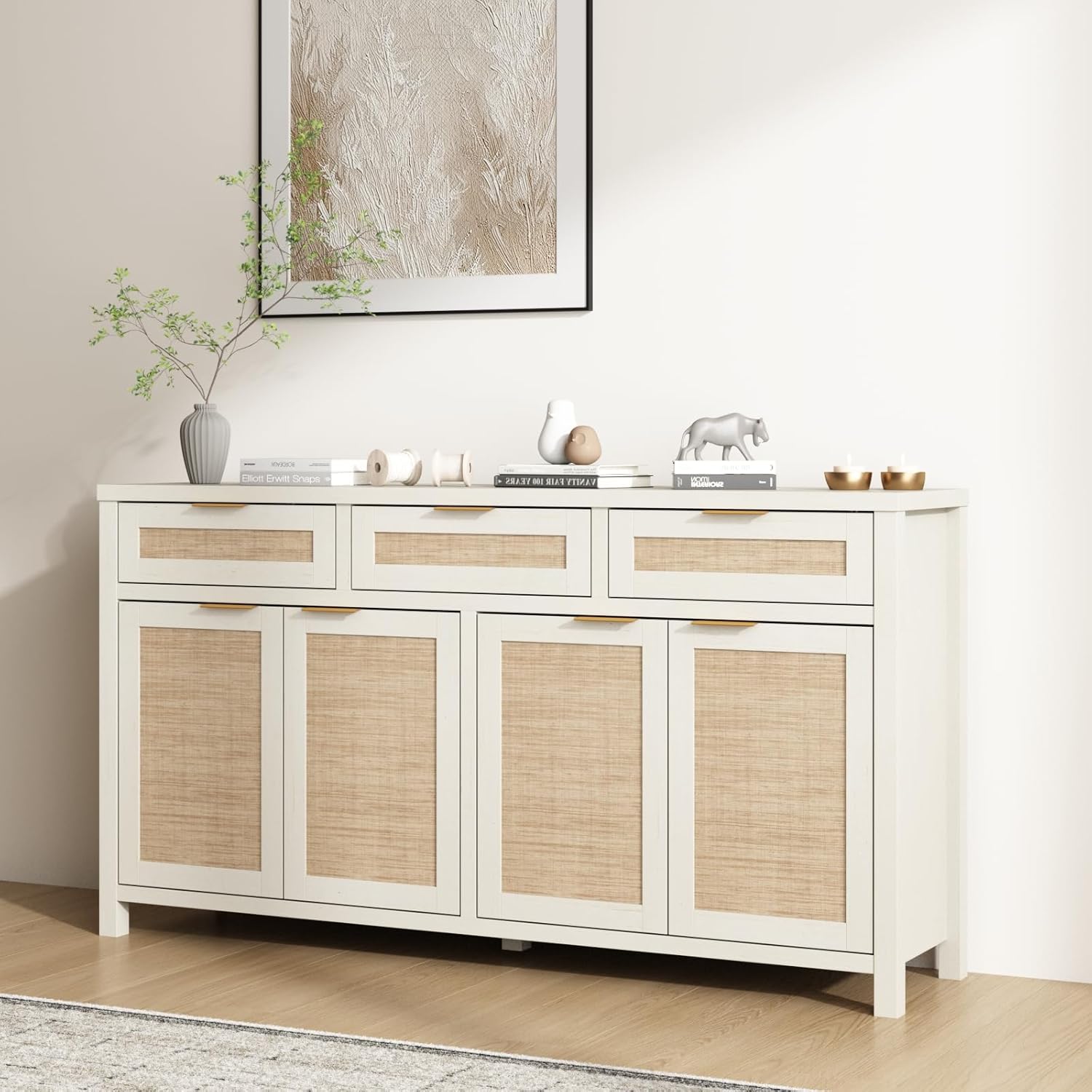HOKYHOKY Rattan Sideboard Buffet Cabinet, Boho Storage Cabinet with Adjustable Shelves, Farmhouse Credenza Coffee Bar Cabinets with 4 Doors & 3 Drawers for Living Room, Hallway & Kitchen