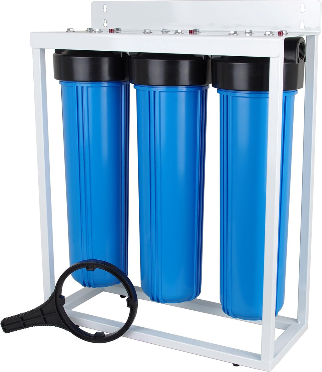 SpiroPure 3-Stage Water Filter #20 BB Filter Housings with Filter Stand, Three-Stage 20x4.5 Water Filter Housing and Freestanding Metal Frame, Triple Filter Housing