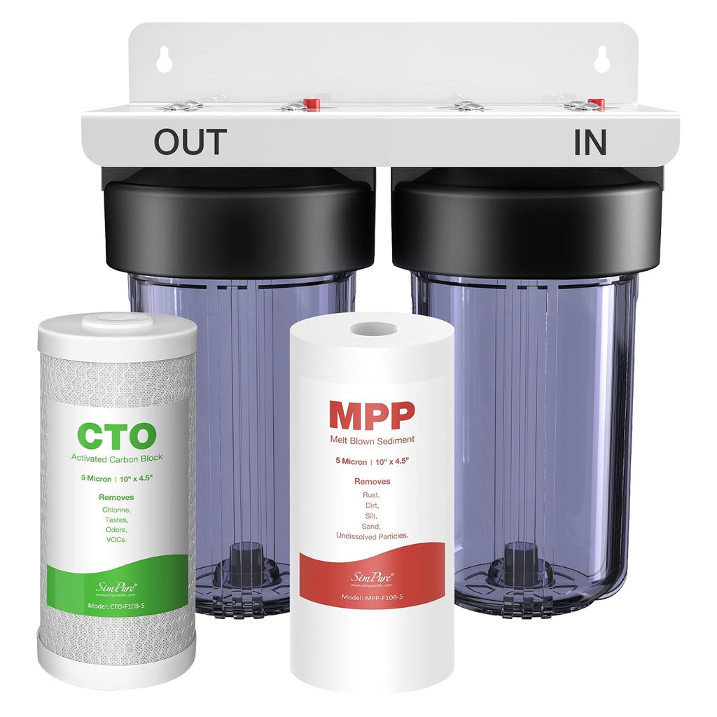 SimPure Whole House Water Filter System, 2 Stages Clear 10' x 4.5' Home Water Pre-Filtration with Carbon and Sediment Filters, Reduce Odor, Chlorine, Taste, Iron, 1' NPT Brass Port, BPA Free