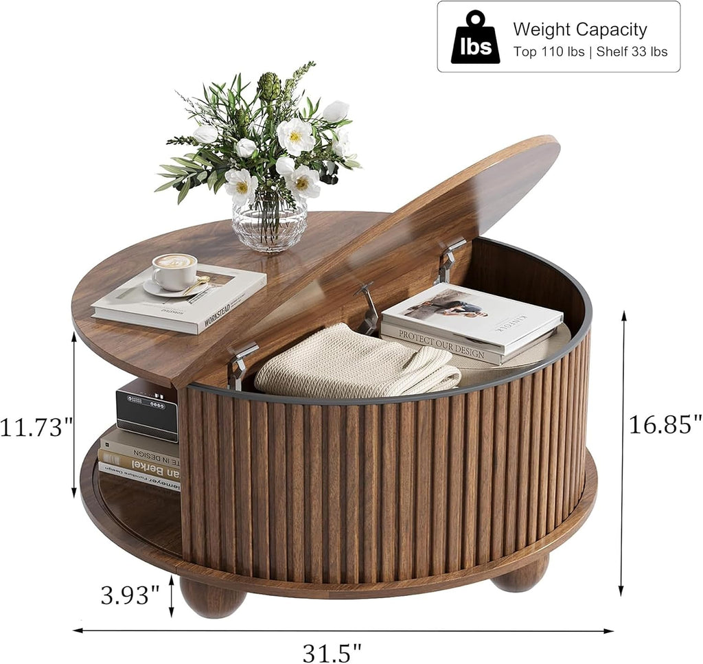 Round Coffee Table with Storage, Fluted Center Table with Sliding Tambour Door and Open Shelves, Mid Century Small Coffee Table for Living Room, Small Space, Walnut