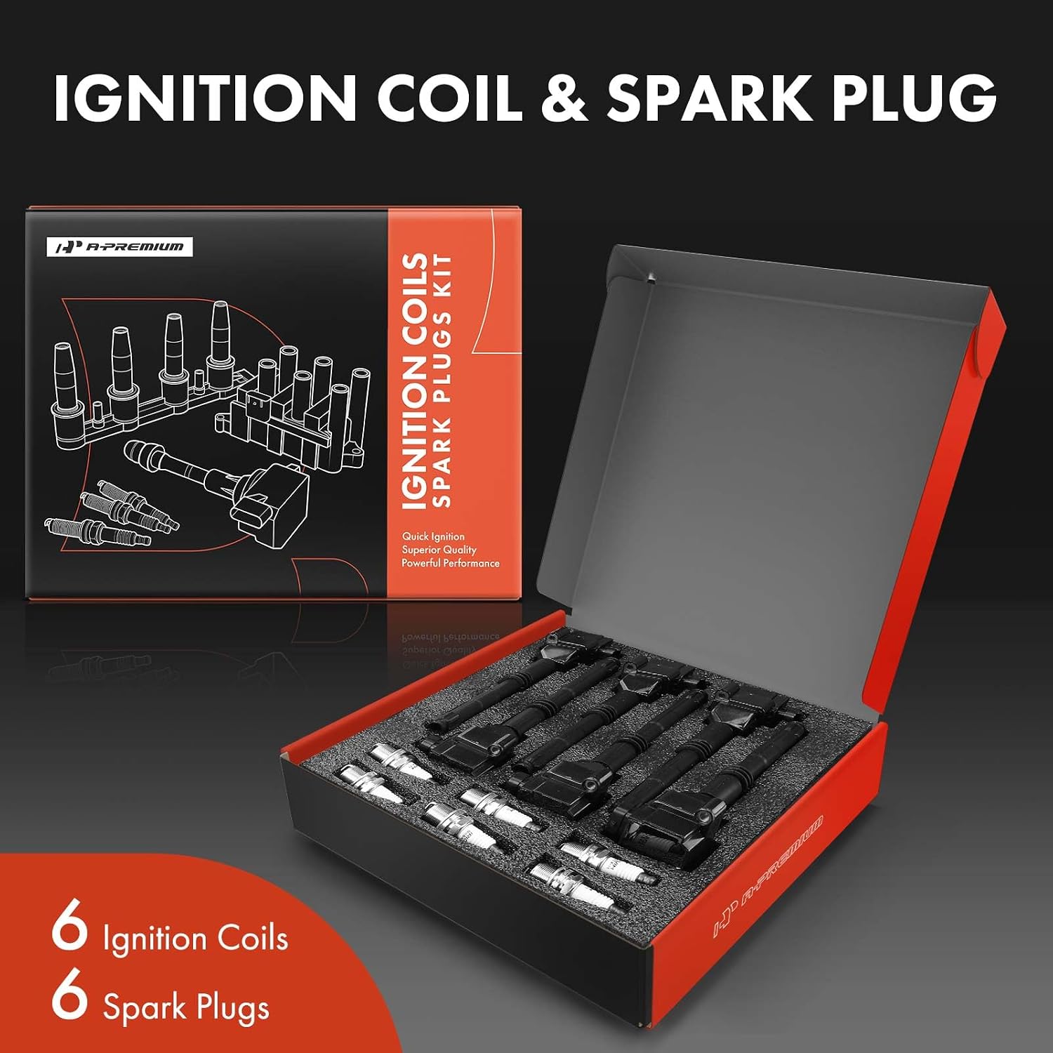 A-Premium Ignition Coils and Spark Plugs Kits Compatible with Porsche 911 1999-2005 2007-2009 2011, Boxster 1997-2005, Set of 6