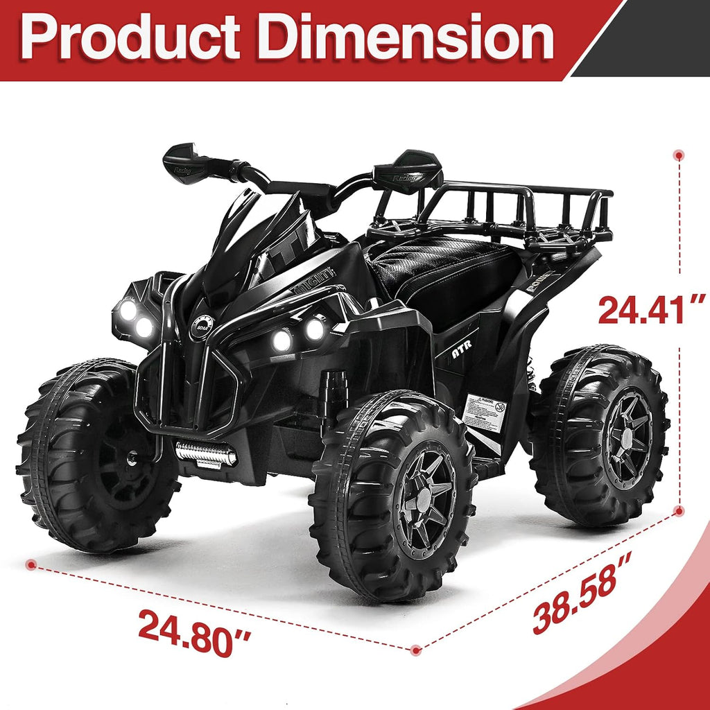 Soar 12V Ride On ATV for Kids Ages 3–6, Electric 4 Wheeler with LED Lights, Music Player, High/Low Speed, USB/TF, Treaded Tires, Black