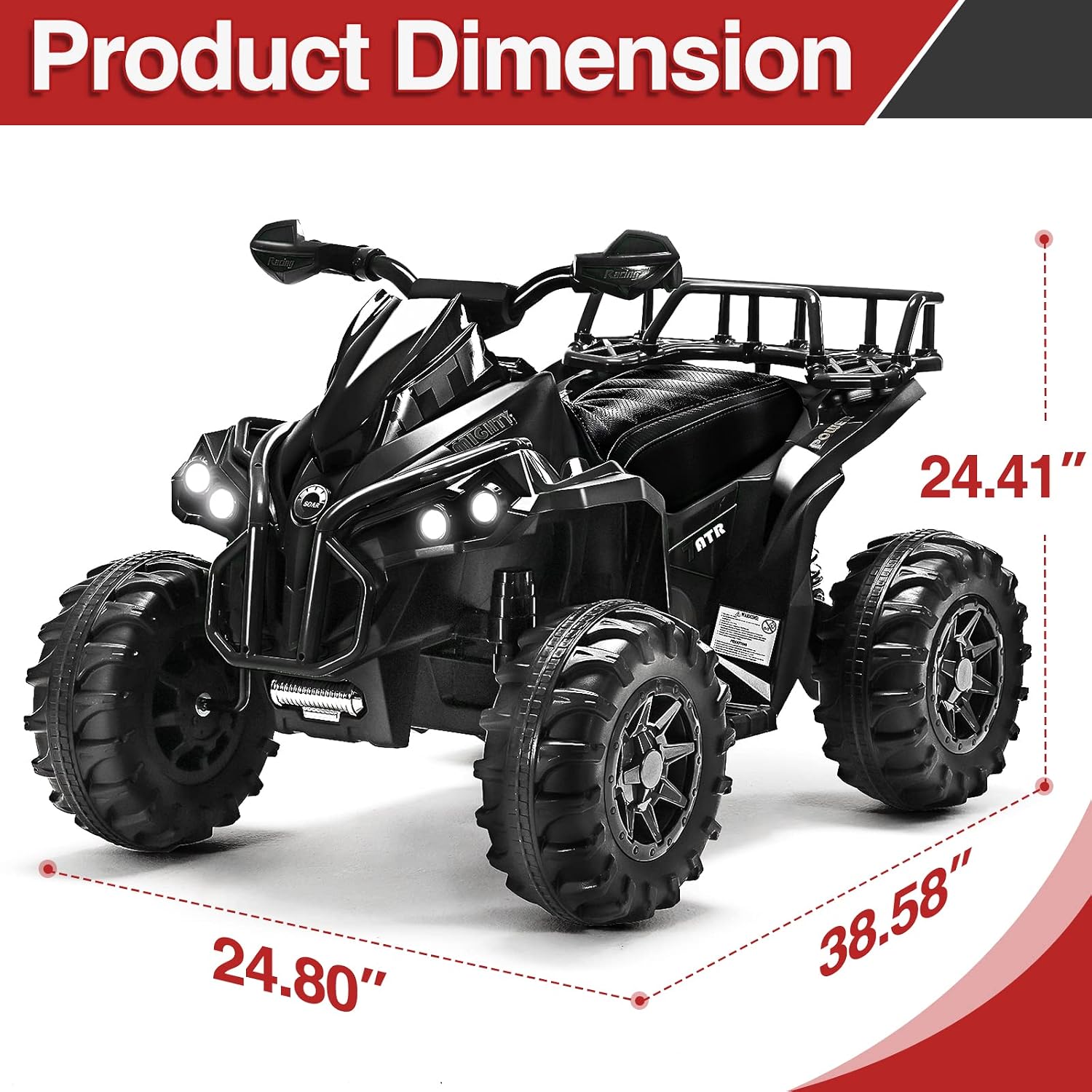 Soar 12V Ride On ATV for Kids Ages 3–6, Electric 4 Wheeler with LED Lights, Music Player, High/Low Speed, USB/TF, Treaded Tires, Black