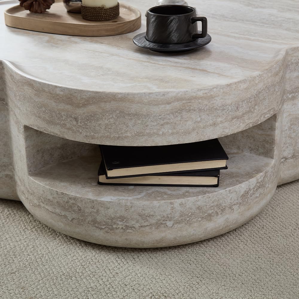 WILLIAMSPACE 31.5' Faux Marble Coffee Table with Four‑Leaf Clover-Shaped, Modern Mars-Pattern Fiberglass Faux Stone Center Table Accent Tea Table for Living Room, No Assembly (Beige)