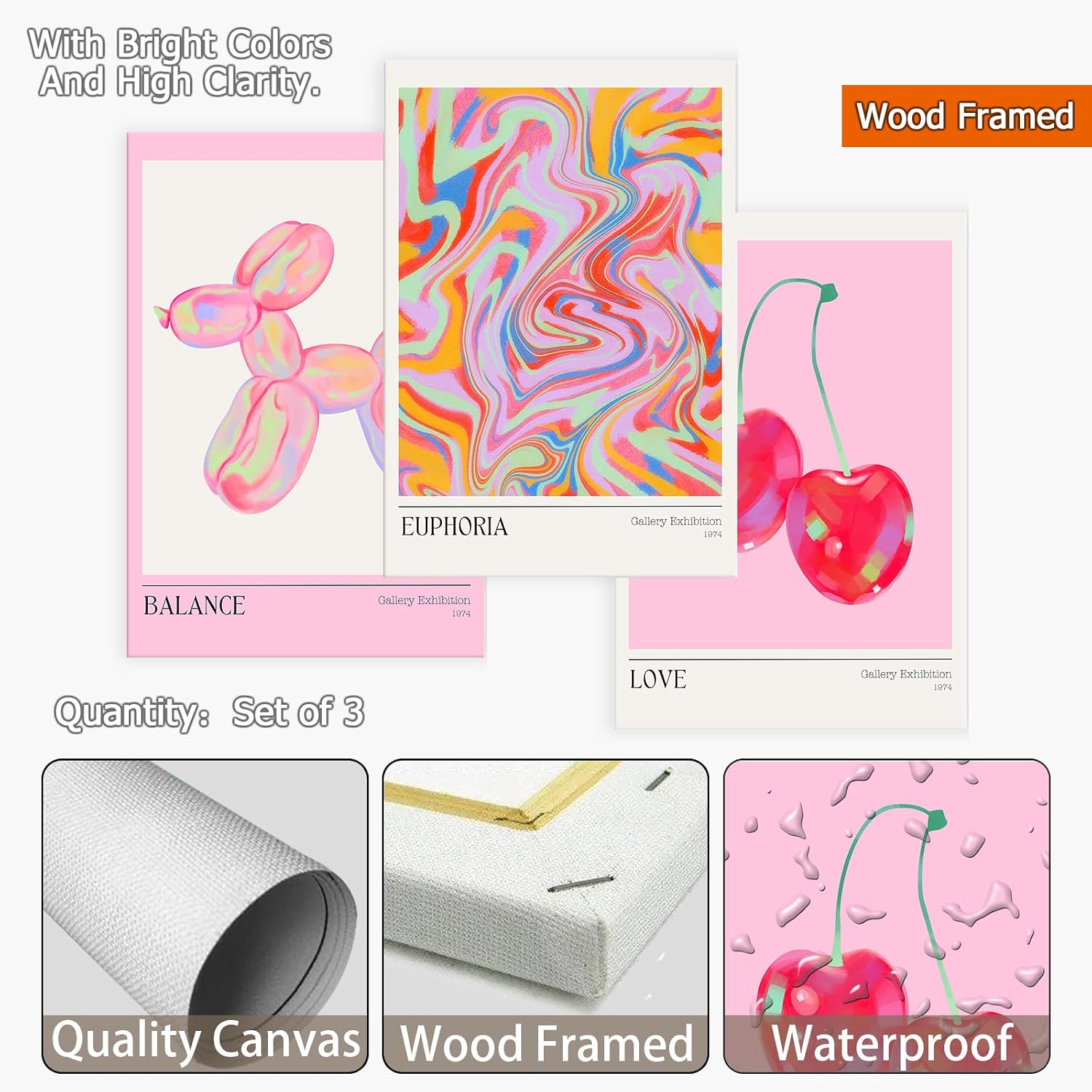 Trendy Set Of 3 Pink Cherry Cute Balloon Dog Posters Preppy Style Room Aesthetic Canvas Wall Art Gradient Aura Fresh Fruit Prints Painting For Home Bedroom Dorm Wall Decor 16X24in Wooden Frame