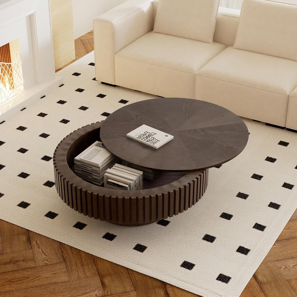 Round Coffee Table with Storage for Living Room Modern Brown Fluted Coffee Table Round Storage Drum Coffee Tables Low Circle Pedestal Center Table for Small Spaces (B Brown, 31.4 in)