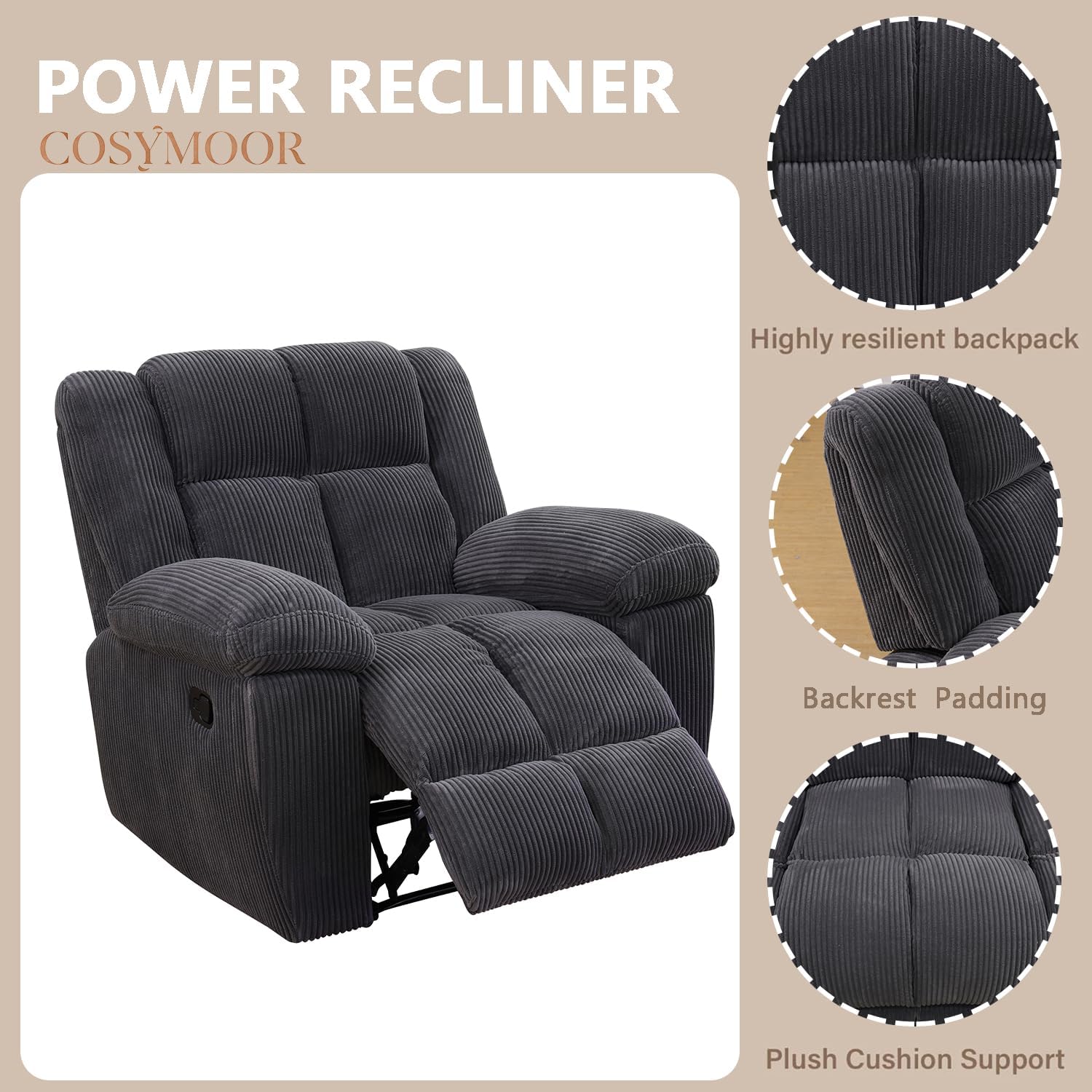 Corduroy Recliner Sofa Set with Cup Holder, 3 Pieces Living Room Furniture Sets, Grey Manual Corduroy Sofa Set with Storage, Modern Reclining Couches for Living Room/Office